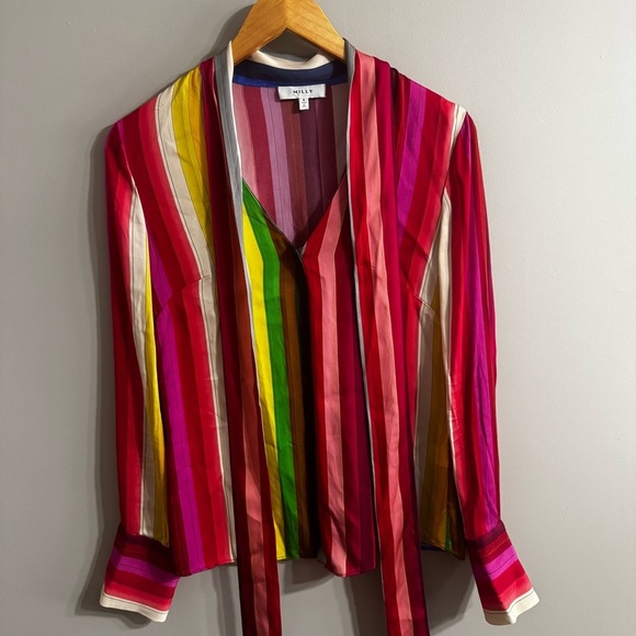 Milly Rainbow 🌈 NIA BOW striped blouse with neck tie button down size XS - Picture 7 of 11